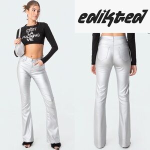 EDIKTED LUNA VEGAN LEATHER HIGH WAIST FLARE SILVER JEANS **NWT**
